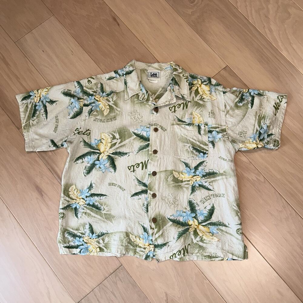Vintage NY Mets Hawaiian Button Up Floral Shirt Short Sleeve Men’s Large